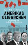 Das Buchcover zeigt eine grafische Darstellung mit einem hellblauen Hintergrund, auf dem im Vordergrund die Gesichter mehrerer Männer, darunter Jeff Bezos, Mark Zuckerberg, Donald Trump und Elon Musk, zu sehen sind. Über diesen schwebt eine Vielzahl roter Geldscheine, die einen dynamischen Eindruck erwecken. Der Titel „Amerikas Oligarchen“ steht in großen, schwarzen Buchstaben mittig auf dem Cover, gefolgt von dem Untertitel „Geld, Macht und der Zerfall der Demokratie“. Unten rechts ist das Verlagslogo „PIPER“ abgebildet.