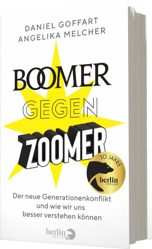 Das Buchcover zeigt eine dynamische Gestaltung mit einem großen gelben Stern im Hintergrund. In fetten, kontrastierenden Schriftarten steht „BOOMER“ oben und „ZOOMER“ unten, beide in Schwarz, während „GEGEN“ in einer schmaleren weißen Schrift platziert ist. Die Farben sind lebhaft und bilden eine kraftvolle visuelle Spannung. Oben sind die Namen der Autoren, Daniel Goffart und Angelika Melcher, abgedruckt. Unten ist der Verlagsname „berlin verlag“ mit dem Hinweis auf „30 Jahre“ in einer runden Grafik zu sehen.