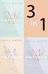 Das Buchcover zeigt eine Vierfachkombination von Buchcovern der Reihe „The Maxwells“ von Layla Hagen. Die oberen Cover in sanften Blau- und Apricot-Tönen präsentieren florale Illustrationen und die Titel in klarer, moderner Typografie. Die Untertitel „This Love is Forever“ und „This Kiss is Forever“ sind in eleganter Schrift platziert. In der Mitte wird „3 in 1“ groß und auffällig angezeigt. Die Gestaltung vermittelt eine romantische, einladende Atmosphäre.