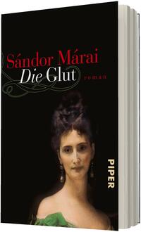 Das Buchcover zeigt auf schwarzem Grund ein klassisches Porträt einer blassen Frau mit hochgestecktem dunklem Haar, Perlenohrringen und grünem schulterfreiem Kleid; oben der Autorenname Sándor Márai in roter Serifenschrift, darunter der Titel Die Glut in weißer kursiver Serifenschrift und das kleine Wort roman in roter Minuskelschrift; eine goldfarbene ornamentale Linie ergänzt die ruhige, leicht melancholische Atmosphäre.