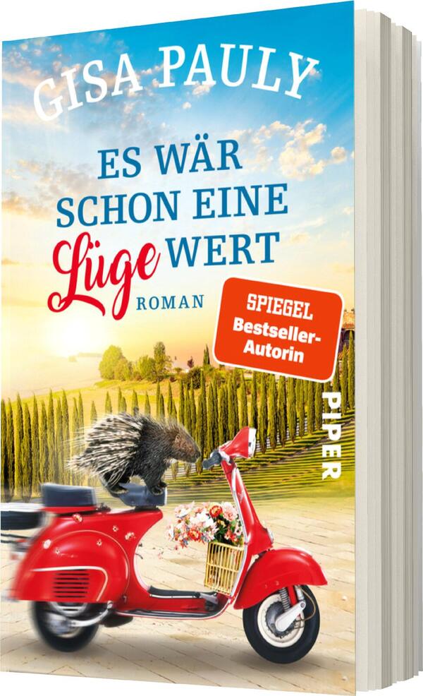 Das Buchcover zeigt eine bunte, einladende Landschaft mit einem sonnigen Himmel. Im Vordergrund steht ein rotes Moped, das mit einem Korb voller Blumen dekoriert ist. Über dem Moped ist ein stacheliger Igel abgebildet. Der Titel „Es wär schon eine Lüge wert“ ist prominent in blauer und roter Schrift platziert. Unter dem Titel steht das Wort „Roman“. In der oberen Ecke ist der Name der Autorin Gisa Pauly und das Etikett „SPIEGEL Bestseller-Autorin“ zu sehen. Das Cover vermittelt eine fröhliche, entspannte Atmosphäre.