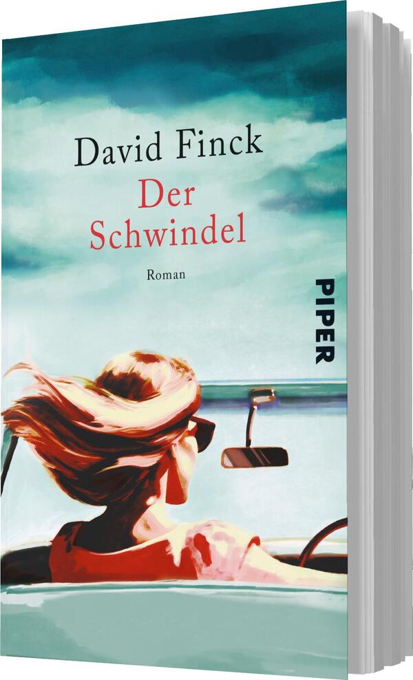 Das Buchcover zeigt eine stilisierte Illustration einer Frau mit langen, gewelltem Haar, die in einem offenen Auto sitzt und in die Ferne blickt. Die Farbgestaltung ist in sanften Blau- und Türkistönen gehalten, unterbrochen von einem warmen Rot des Oberteils der Frau. Der Titel „Der Schwindel“ ist in großen roten Buchstaben gut lesbar platziert, während der Autor „David Finck“ in elegantem Schwarz darüber steht. Das Cover vermittelt eine Atmosphäre von Freiheit und Abenteuer.