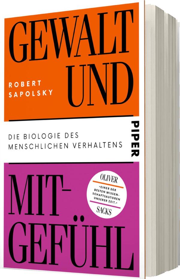 Das Buchcover zeigt im oberen Bereich den Titel „GEWALT UND“ in kräftigem Orange, gefolgt von dem Autorennamen „ROBERT SAPOLSKY“ in schwarzer Schrift. Unterhalb befindet sich der Untertitel „DIE BIOLOGIE DES MENSCHLICHEN VERHALTENS“ in neutraler Schrift. Der untere Teil des Covers zeigt den Titel „MITGEFÜHL“ in kräftigem Pink. Rechts unten ist ein kreisförmiger Hinweis mit dem Text „OLIVER SACKS – EINER DER BESTEN WISSENSCHAFTSSTATISTEN UNSERER ZEIT“ platziert. Die Farbkontraste und die modernen Schriften vermitteln eine ansprechende und reflektierende Atmosphäre.