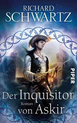 Das Buchcover zeigt einen mystischen Hintergrund in dunklen Blau- und Violetttönen. In der Mitte steht ein männlicher Protagonist mit blonden Haaren, der einen langen Mantel trägt und eine Waffe in der Hand hält. Er blickt entschlossen in die Ferne. Um ihn herum verläuft ein filigranes Ornament in Form von Kreisen und geschwungenen Linien. Der Titel „Der Inquisitor von Askir“ und der Autor „Richard Schwartz“ sind prominent platziert, wobei die Schriftzüge in hellen Farben abgesetzt sind, um klar hervorzuheben.