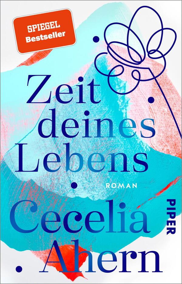 Das Buchcover zeigt auf einem abstrakten, farbenfrohen Hintergrund in sanften Rottönen und Blau ein stilisiertes Blumenmotiv in Weiß. Der Titel „Zeit deines Lebens“ ist groß und fett in einem strahlenden Blau platziert, ergänzt durch den Untertitel „Roman“ in kleinerer Schrift. Der Name der Autorin, „Cecelia Ahern“, steht ebenfalls in Blau, jedoch in einer etwas anderen Schriftart. Ein rotes Feld im oberen Bereich kennzeichnet das Buch als „SPIEGEL Bestseller“. Die Gestaltung vermittelt eine fröhliche und ansprechende Atmosphäre.