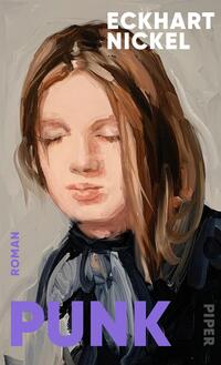 Das Buchcover zeigt ein portraitiertes Gesicht einer jungen Frau mit geschlossenen Augen, das in sanften, pastellfarbenen Tönen gehalten ist. Der Hintergrund ist hell und neutral, wodurch die Gesichtszüge hervorstechen. In der oberen linken Ecke steht der Name des Autors „ECKHART NICKEL“ in klarer, weißer Schrift. Unterhalb des Gesichts ist der Titel „PUNK“ in großem, fette lila Schrift zu sehen. Darunter befindet sich das Wort „ROMAN“ in kleinerer Schrift. Das Cover vermittelt eine ruhige, nachdenkliche Atmosphäre.