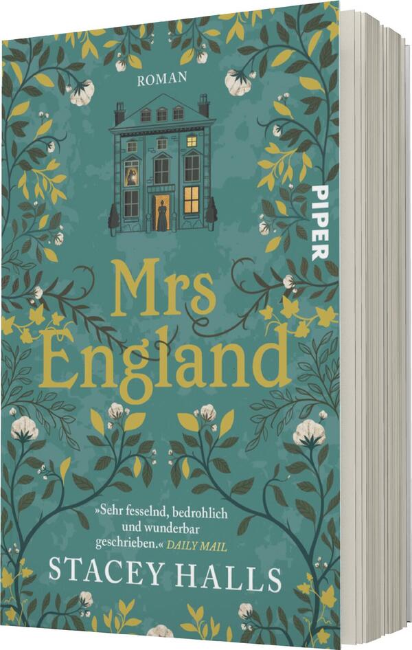 Das Buchcover zeigt ein elegantes, altmodisches Haus in der Mitte, umgeben von üppigem, detailliertem Blumendesign in Grün- und Pastelltönen. Der Titel „Mrs England“ steht in großen, goldenen Buchstaben im unteren Bereich. Oben befindet sich das Wort „ROMAN“ in einer schlichten Schriftart. Im oberen Teil des Covers ist ein Fenster sichtbar, hinter dem eine schemenhafte Figur steht. Ein Zitat aus der „DAILY MAIL“ befindet sich unten auf dem Cover, das die fesselnde und geheimnisvolle Atmosphäre des Buches unterstreicht.