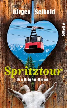 Das Buchcover zeigt eine rustikale Holzstruktur, in dessen Mitte ein herzförmiges Fenster zu sehen ist. Durch das Fenster blickt man auf eine redlich rote Gondel, die über grüne Wälder und schneebedeckte Berge schwebt. Der Titel „Spritztour“ in kräftigem Gelb zieht die Aufmerksamkeit auf sich, während der Untertitel „Ein Allgäu-Krimi“ in Schwarz darunter steht. Oben rechts sind der Name des Autors, Jürgen Seibold, und das Verlagslogo „PIPER“ platziert.
