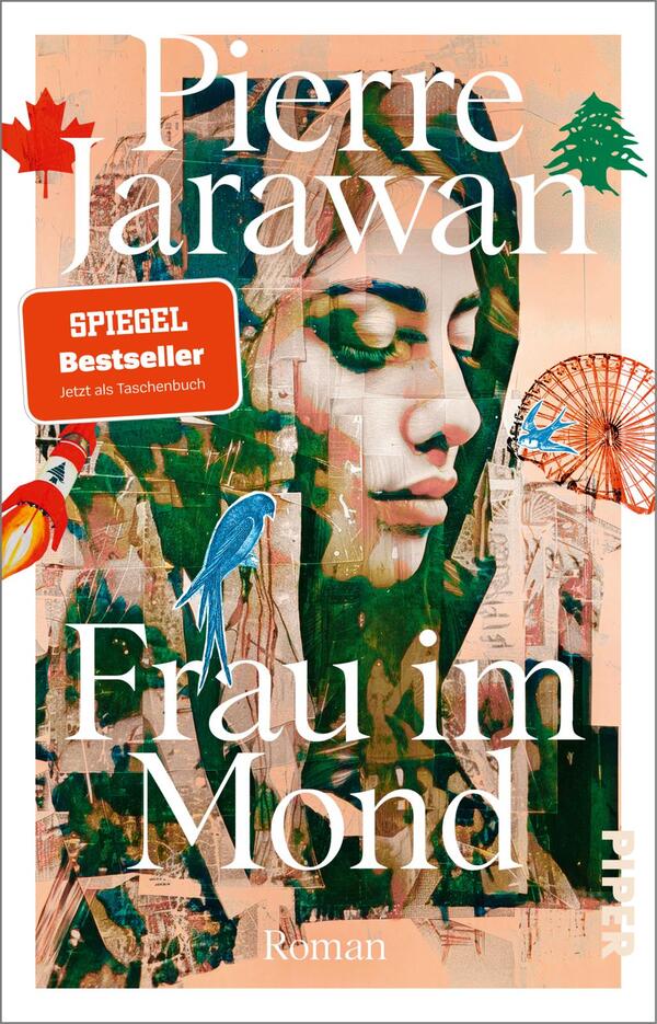 Das Buchcover zeigt ein künstlerisches Porträt einer Frau mit geschlossenen Augen in sanften Farben, die an Rot und Lila dominieren. Um sie herum sind stilisierte Elemente wie Bäume und Vögel angeordnet. Der Titel „Frau im Mond“ ist in großen, weißen Buchstaben platziert, während der Autor „Pierre Jarawan“ und der Hinweis „SPIEGEL Bestseller“ in einem auffälligen blauen Banner stehen. Die Gesamtatmosphäre ist träumerisch und poetisch.