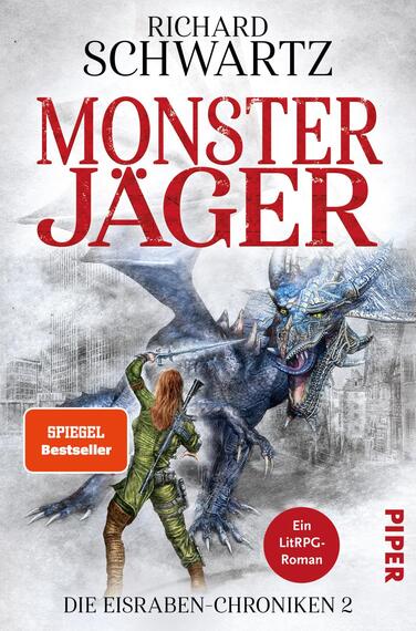 Das Buchcover zeigt ein dynamisches Fantasy-Motiv mit einem großen, aggressiv ausschauenden Drachen und einem Monsterjäger, der den Drachen herausfordert. Die Farben sind überwiegend kühles Blau und Grau, kontrastiert mit einem leuchtenden Rot des Titels „MONSTERJÄGER“, der in kräftiger Schriftart hervorsticht. Oben steht der Name des Autors, Richard Schwartz, in einer eleganten, schlichten Schrift. Links unten befindet sich ein orangefarbener Kreis mit dem Text „SPIEGEL Bestseller“, während der Schriftzug „Ein LitRPG-Roman“ darunter steht. Am unteren Rand findet sich der Verlagsname „Piper“ in einer neutralen Typografie.