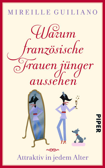 Das Buchcover zeigt auf einem roten Hintergrund den Titel „Warum französische Frauen jünger aussehen“ in eleganter, roter Schrift. Die Schriftart vermittelt eine stilvolle und feminine Atmosphäre. Im unteren Bereich sind zwei stilisierte Figuren abgebildet, eine mit einem Spiegel und die andere mit einem Champagnerglas, was Leichtigkeit und Selbstbewusstsein ausstrahlt. Der Autorinnenname „Mireille Guiliano“ steht in einer klaren, gedeckten Schriftart oben. Das Cover vermittelt ein Gefühl von Anmut und französischem Chic.