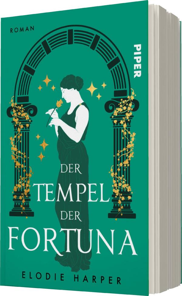 Das Buchcover zeigt einen tiefgrünen Hintergrund, auf dem eine anmutige Frau in einem eleganten schwarz-weißen Kleid steht und eine Blume in der Hand hält. Sie ist umrahmt von einer stilisierten Säulenarchitektur, die mit goldenen Verzierungen und funkelnden Sternen akzentuiert ist. Der Titel „DER TEMPPEL DER FORTUNA“ ist in großen, weißen Buchstaben mittig platziert, während der Autorname „ELODIE HARPER“ am unteren Rand in kleinerer Schrift zu finden ist. Das Gesamtbild strahlt eine mystische und elegante Atmosphäre aus.