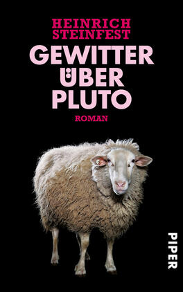 Das Buchcover zeigt ein schwarzes, schlichtes Hintergrunddesign mit einem zentralen Bild eines Schafes, das realistisch und detailliert dargestellt ist. Oberhalb des Schafes steht der Titel „GEWITTER ÜBER PLUTO“ in großen, pinkfarbenen Buchstaben. Darunter ist das Wort „Roman“ in kleinerer Schriftgröße zu sehen. Am unteren Rand des Covers befindet sich der Verlagsname „PIPER“ in weißer Schrift auf schwarzem Grund. Die Gesamtatmosphäre ist humorvoll und ansprechend.