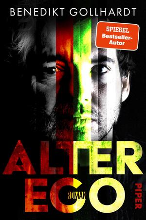 Das Buchcover zeigt den Namen des Autors „Benedikt Gollhardt“ oben und ein großes Schwarzweiß-Porträt eines Mannes, geteilt und überlagert von drei vertikalen Farbstreifen in Rot, Grün und Gelb. Der Titel ALTER EGO erscheint in großen, blockigen Großbuchstaben mit texturierter Rot-Gelb-Färbung. Im zweiten O steht klein „ROMAN“. Oben rechts ein oranger Button mit der Aufschrift „SPIEGEL Bestseller-Autor“. Atmosphäre: düster, spannungsgeladen, Identitätskonflikt.