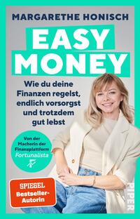 Das Buchcover zeigt auf einem leuchtend mintgrünen Hintergrund den Titel „EASY MONEY“ in großen, weißen Buchstaben. Darunter steht in kleinerer Schriftzug „Wie du deine Finanzen regelst, endlich vorsorgst und trotzdem gut lebst“. Im unteren Bereich befindet sich ein blauer Kreis mit dem Text „Von der Macherin der Finanzplattform Fortunaista“. Rechts ist ein Portrait einer lächelnden Frau mit blonden Haaren in einer hellen Jacke zu sehen. Unter dem Titel ist vermerkt „SPIEGEL Bestseller-Autorin“.