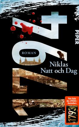Das Buchcover zeigt den Titel „Natt och Dag“ in großen, überwiegend schwarzen Lettern, während der Schriftzug „Roman“ in einem kleinen weißen Kreis integriert ist. Im Hintergrund sind historische Fotos in sepiafarbener Tönung eingefügt, die Gebäude und eine Flusslandschaft zeigen. Rote Blutflecken sind auf dem Cover verteilt, was eine düstere Atmosphäre erzeugt. Der Autor „Niklas Natt och Dag“ ist in einer klaren, weißen Schrift unter dem Titel platziert. Rechts unten befindet sich ein rotes Etikett mit dem Text „Vom Autor des SPIEGEL-Bestsellers“.