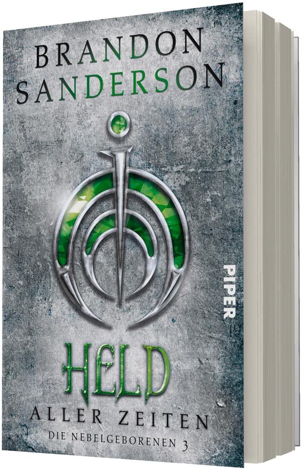 Das Buchcover zeigt einen rauen grauen Metall-/Betonhintergrund, mittig ein silbern-metallisches, runenartiges Emblem mit grünen Edelstein- bzw. Glasfüllungen. Oben der Autorenname „BRANDON SANDERSON“ in großen Großbuchstaben, teilweise grün akzentuiert; mittig der Titel „HELD“ in leuchtendem Grün, darunter „ALLER ZEITEN“ und die Serie „DIE NEBELGEBORENEN 3“ in kleineren Großbuchstaben. Atmosphäre: düster, episch, mystisch.