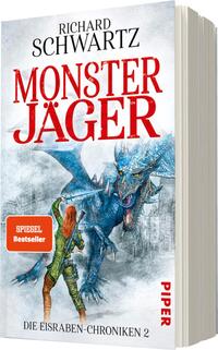 Das Buchcover zeigt eine dynamische Szene mit einem großen, furchterregenden Drachen in Blau und Grau, der in einem urbanen Umfeld schwebt. Im Vordergrund ist eine kampfbereite Figur mit rotem Haar und einem grünen Umhang, die entschlossen auf den Drachen blickt. Der Titel „MONSTERJÄGER“ ist in großen, roten Buchstaben prominent platziert. Oben steht der Autorenname „RICHARD SCHWARTZ“. In der unteren rechten Ecke befindet sich ein oranger Button mit dem Text „SPIEGEL Bestseller“. Der Hintergrund ist in blassen Farbtönen gehalten und vermittelt eine geheimnisvolle Atmosphäre.