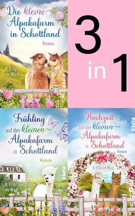 Bundle: Skye 1-3 Das Buchcover zeigt eine Zusammenstellung von drei Buchmotiven, die die idyllische Atmosphäre einer Alpakafarm in Schottland darstellen. Die Farbpalette umfasst sanfte Pastelltöne wie Blau, Rosa und Lila. In der oberen linken Ecke ist die Handlung „Die kleine Alpakafarm in Schottland“ abgebildet, begleitet von zwei Alpakas. Unten links steht „Frühling auf der kleinen Alpakafarm in Schottland“ mit einer Blütenbordüre. In der unteren rechten Ecke lautet der Titel „Hochzeit auf der kleinen Alpakafarm in Schottland“. Das zentrale Element „3 in 1“ ist groß und auffällig in Schwarz und Weiß. Der Autor „K Elly de Wulf“ ist unter den Titeln platziert.