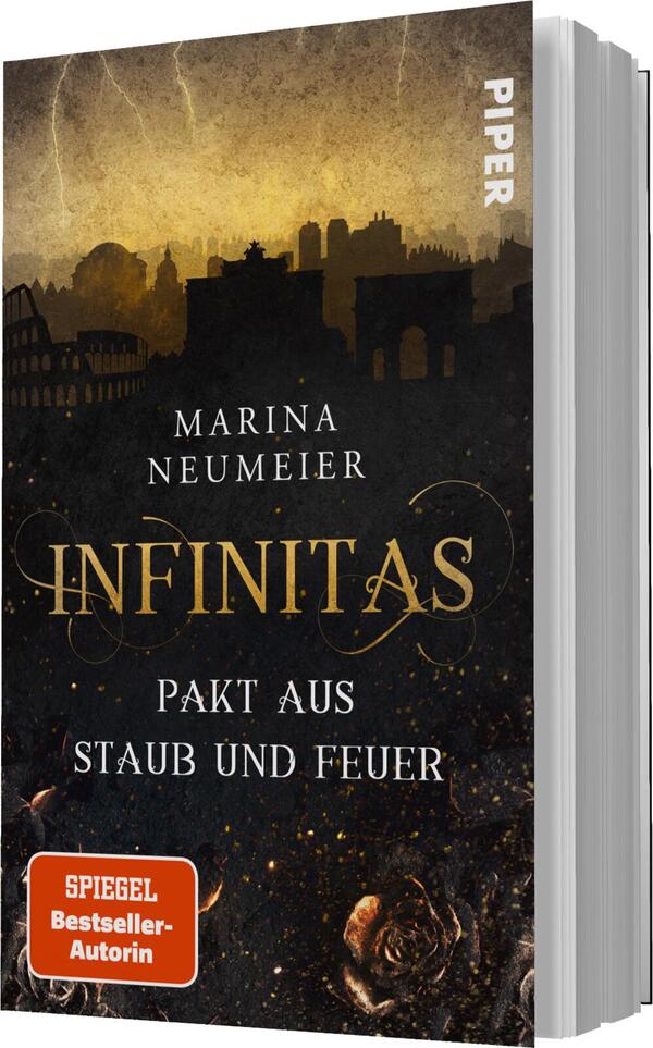 Das Buchcover zeigt einen düsteren, atmosphärischen Hintergrund mit einem goldenen, leicht glühenden Himmel und Silhouetten von Ruinen. Die Farben sind vorwiegend schwarz und gold, was eine geheimnisvolle Stimmung erzeugt. Im Vordergrund steht der Titel „INFINITAS“ in großen, eleganten Buchstaben, darunter der Untertitel „Pakt aus Staub und Feuer“. Der Autorinnenname „MARINA NEUMEIER“ ist prominent platziert. Ein roter Button mit dem Text „SPIEGEL Bestseller-Autorin“ befindet sich in der unteren linken Ecke.
