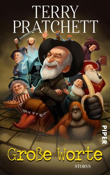 Das Buchcover zeigt eine humorvolle Illustration mit Terry Pratchett im Vordergrund, der fröhlich lächelt und eine Banane in der Hand hält. Um ihn herum sind verschiedene, skurrile Charaktere angeordnet, darunter Zauberer und andere fantasievolle Figuren. Der Hintergrund besteht aus einer stilisierten Tastatur. Die Farbpalette ist lebhaft, mit dominierenden Blau- und Rottönen. Der Titel „Große Worte“ ist in gelber Schrift platziert, während der Name des Autors und das Verlagslogo oben in Weiß und Grau zu sehen sind.