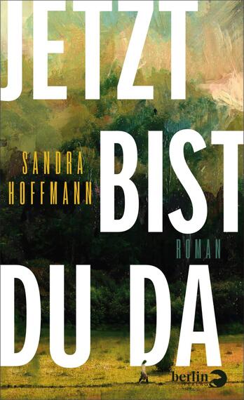 Das Buchcover zeigt eine malerische Landschaft mit sanften, grünen Wiesen und einem bewaldeten Hintergrund, der in sanften pastellfarbenen Tönen arbeitet. Der Titel „JETZT BIST DU DA“ ist in großer, weißer Schrift prominent platziert und vermittelt eine eindringliche Atmosphäre. Darunter steht in kleinerer, orangefarbener Schrift der Name der Autorin „SANDRA HOFFMANN“. Das Wort „Roman“ ist daneben in minimaler, schwarzer Schrift abgebildet.