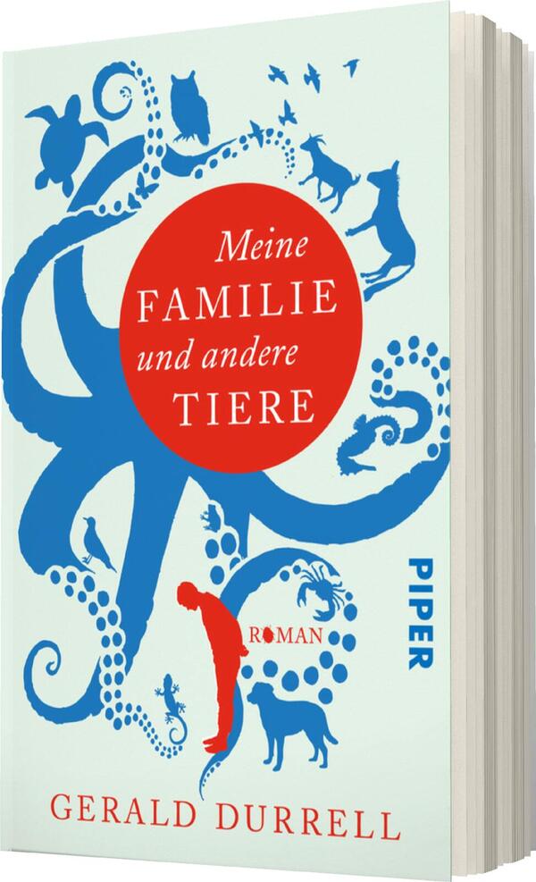 Das Buchcover zeigt eine sanfte hellblaue Hintergrundfarbe. Im Mittelpunkt steht ein roter Kreis mit dem Titel „Meine Familie und andere Tiere“ in weißer Schrift. Darunter ist das Wort „Roman“ in einer kleineren, schlichten Schriftart platziert. Um den Kreis herum sind illustrierte Tiere und eine stilisierte menschliche Figur in Blau und Weiß angeordnet, die eine verspielte Atmosphäre vermitteln. In der unteren Ecke ist der Verlagsname „PIPER“ in blauer typografischer Schrift zu sehen.