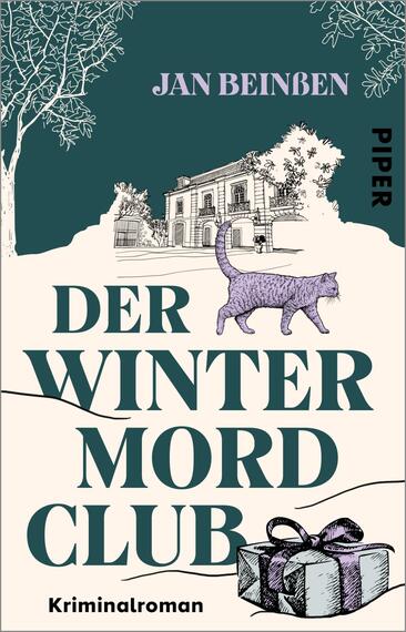 Das Buchcover zeigt eine stilisierte, winterliche Szenerie mit einem großen, weißen Gebäude im Hintergrund, umgeben von schneebedeckten Bäumen und einem lila Kater, der vor dem Haus geht. Im Vordergrund ist ein Geschenk zu sehen. Der Titel „DER WINTER MORD CLUB“ steht in prägnanter, dunkler Schrift, während der Autor „Jan Beinßen“ und das Verlagslogo „PIPER“ oben in hellen Schriftzügen platziert sind. Die Farbgestaltung strahlt eine ruhige, geheimnisvolle Atmosphäre aus.