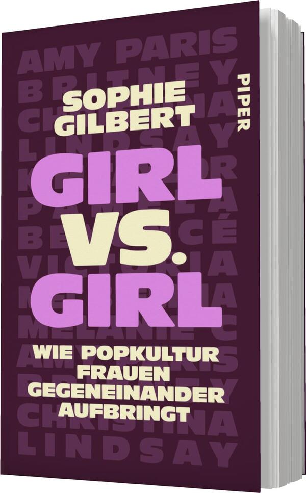 Das Buchcover zeigt einen tiefvioletten Hintergrund, auf dem der Titel „GIRL VS. GIRL“ in großen, hellen Buchstaben steht, wobei das „VS.“ in einem kontrastierenden Gelbton hervorgehoben ist. Der Autorinnenname „Sophie Gilbert“ befindet sich oben in hellen, markanten Buchstaben. Unter dem Titel steht der Untertitel „Wie Popkultur Frauen gegeneinander aufbringt“ in einer klaren, dunkleren Schrift. Die Gesamtatmosphäre des Covers wirkt modern und provozierend, was das Thema des Buches unterstreicht.