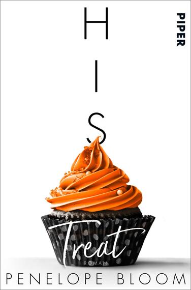 Das Buchcover zeigt einen großen, schwarzen Cupcake mit einer auffälligen, orangefarbenen Sahnehaube, die mit weißen Perlen verziert ist. Der Hintergrund ist weiß, was die Farben des Cupcakes stark hervorhebt. Der Titel „HIS Treat“ ist in einer auffälligen, modernen Schriftart mittig platziert, wobei „HIS“ vertikal und „Treat“ horizontal dargestellt ist. Der Name der Autorin, Penelope Bloom, ist elegant am unteren Rand des Covers in einer geschwungenen Schriftart angeordnet. Die Atmosphäre ist verspielt und einladend.