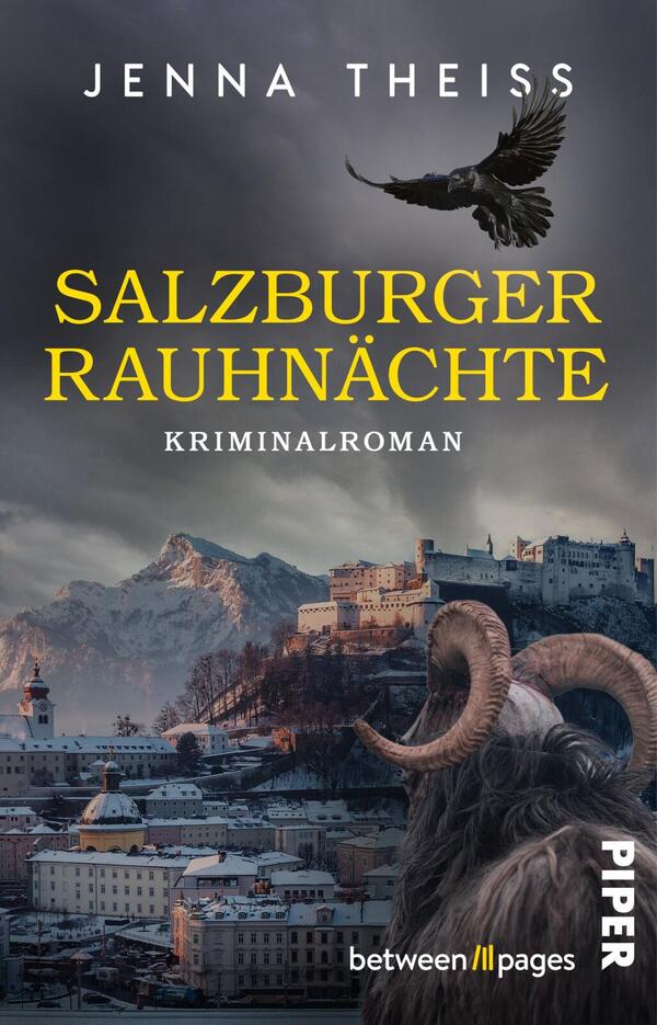 Das Buchcover zeigt eine winterliche Ansicht Salzburgs mit der Hohensalzburg-Festung vor schneebedeckten Bergen, darüber ein kreisender Rabe. Im Vordergrund eine Gestalt mit zotteligem Fell und großen, geschwungenen Tierhörnern. Dominierende düstere Blau- und Grautöne kontrastieren mit dem großen, gelben Titel „SALZBURGER RAUHNÄCHTE“. Oben steht der Autorenname „Jenna Theiss“ in weißen Großbuchstaben, darunter der weiße Untertitel „KRIMINALROMAN“. Atmosphäre: unheimlich und spannungsgeladen.
