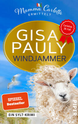 Das Buchcover zeigt vor azurblauem Himmel ein großes goldenes Oval, in dem der Autorenname Gisa Pauly in weißen Großbuchstaben und darunter der Titel „Windjammer“ in dunkelblauer Schrift steht. Im Vordergrund ein wolliges Schaf auf Dünen mit Gras und eine fliegende Möwe. Oben die Reihe „Mamma Carlotta ermittelt“ in geschwungener Schrift mit kleinem italienischen Fähnchen, rechts eine rote Rosette „Carlottas 20. Fall“ und ein orangefarbener Button „SPIEGEL Bestseller“.