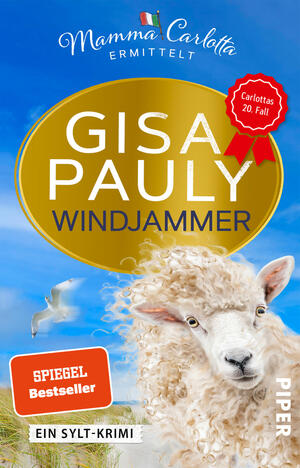 Das Buchcover zeigt vor azurblauem Himmel ein großes goldenes Oval, in dem der Autorenname Gisa Pauly in weißen Großbuchstaben und darunter der Titel „Windjammer“ in dunkelblauer Schrift steht. Im Vordergrund ein wolliges Schaf auf Dünen mit Gras und eine fliegende Möwe. Oben die Reihe „Mamma Carlotta ermittelt“ in geschwungener Schrift mit kleinem italienischen Fähnchen, rechts eine rote Rosette „Carlottas 20. Fall“ und ein orangefarbener Button „SPIEGEL Bestseller“.