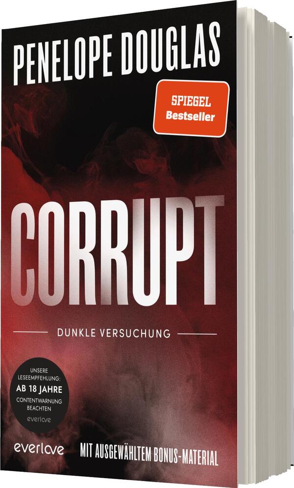 Das Buchcover zeigt einen düsteren Hintergrund in Schwarz und Rot, der eine geheimnisvolle Atmosphäre erzeugt. Der Titel „CORRUPT“ ist in großen, auffälligen weißen Buchstaben mittig platziert, während der Untertitel „DUNKLE VERSUCHUNG“ in kleinerer, ebenfalls weißer Schrift darunter steht. Oben links ist der Autorennamen „PENELOPE DOUGLAS“ zu finden, und oben rechts prangt ein rotes „SPIEGEL Bestseller“-Label. Ein rundes, schwarzes Element am unteren Rand informiert über die Altersfreigabe und das Bonus-Material.