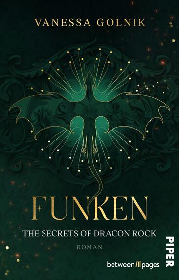 Das Buchcover zeigt einen dunkelgrünen Hintergrund mit filigranen, goldenen Mustern und lodernden Elementen. Im Zentrum befindet sich ein stilisierter Drache mit leuchtenden, türkisfarbenen Akzenten, der durch funkelnde Punkte betont wird. Der Titel „FUNKEN“ ist in großen, goldenen Buchstaben am unteren Rand platziert, während der Untertitel „The Secrets of Dracon Rock“ in kleinerer, heller Schrift darunter steht. Oben findet sich der Name der Autorin Vanessa Golnik. Die Gestaltung erzeugt eine mystische und fesselnde Atmosphäre.