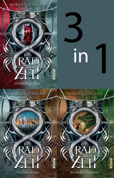 Das Buchcover zeigt eine Kombination dreier Buchtitel aus der Reihe „Das Rad der Zeit“ von Robert Jordan. In der oberen Reihe sind die Cover in einem diagonalen Layout angeordnet, die zentralen Elemente sind jeweils ein geflochtener Drache und ein Symbol in der Mitte. Die Farben sind tiefrot, dunkelgrün und blau, was eine mystische Atmosphäre schafft. Der Titel „3 in 1“ ist prominent in großen, klaren, weißen Ziffern auf grauem Hintergrund platziert. Die Schriftart ist modern und gut lesbar.