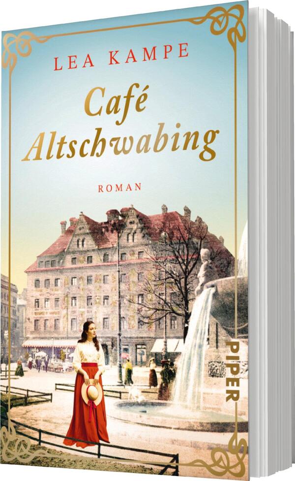 Das Buchcover zeigt eine stimmungsvolle, nostalgische Szenerie des „Café Altschwaning“. In sanften Pastelltönen ist eine Frau in einem eleganten roten Kleid abgebildet, die einen Sonnenhut trägt. Im Hintergrund ist ein historisches Gebäude zu sehen, umgeben von Bäumen und Passanten. Der Titel „Café Altschwang“ ist in geschwungener goldener Schrift platziert, gefolgt von dem Wort „Roman“ darunter. Oben steht der Name der Autorin, Lea Kampe. Das Cover strahlt eine einladende, charmante Atmosphäre aus.