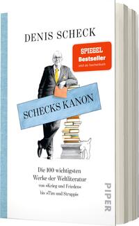 Das Buchcover zeigt eine stilisierte Illustration eines Mannes in formeller Kleidung mit einer Brille, der vor einem Bücherstapel steht. Der Hintergrund ist in hellen Farben gehalten, während ein blauer Streifen an der linken Seite verläuft. Der Titel „Schecks Kanon“ ist in großen, auffälligen Buchstaben auf einem grauen Banner platziert. Oben rechts befindet sich ein rotes Aufkleberlabel mit dem Schriftzug „SPIEGEL Bestseller – Jetzt als Taschenbuch“. Der Autor Denis Scheck ist am oberen Rand in einer klaren Schriftart zu sehen.