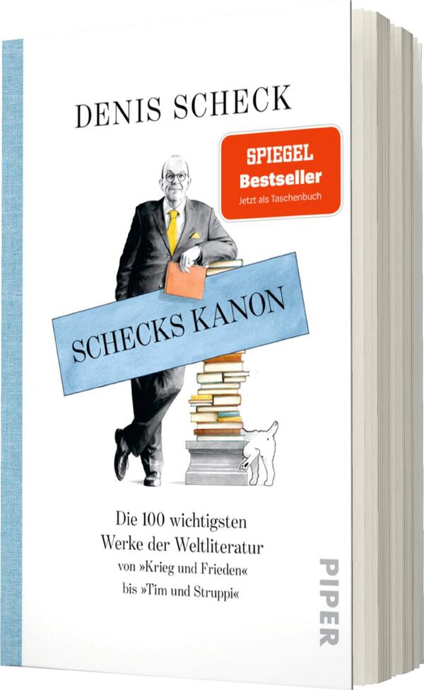 Das Buchcover zeigt eine stilisierte Illustration eines Mannes in formeller Kleidung mit einer Brille, der vor einem Bücherstapel steht. Der Hintergrund ist in hellen Farben gehalten, während ein blauer Streifen an der linken Seite verläuft. Der Titel „Schecks Kanon“ ist in großen, auffälligen Buchstaben auf einem grauen Banner platziert. Oben rechts befindet sich ein rotes Aufkleberlabel mit dem Schriftzug „SPIEGEL Bestseller – Jetzt als Taschenbuch“. Der Autor Denis Scheck ist am oberen Rand in einer klaren Schriftart zu sehen.