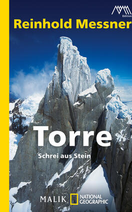 Torre Das Buchcover zeigt eine markante Gebirgslandschaft mit schroffen, hohen Felsen, die in den Himmel ragen. Der Hintergrund ist in verschiedenen Blautönen gehalten, während die Gipfel in hellen, fast weißen Nuancen erstrahlen. Der Titel „Torre“ ist in großer, weißer Schrift zentriert und wird von dem Untertitel „Schrei aus Stein“ in kleinerer Schrift begleitet. Oben links steht der Name des Autors, „Reinhold Messner“, in gelber Schrift auf einem dunklen Hintergrund. Das Cover vermittelt eine majestätische und abenteuerliche Atmosphäre.