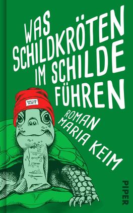 Das Buchcover zeigt eine humorvolle Illustration einer Schildkröte, die einen roten Beanie mit der Aufschrift „think love“ trägt. Der Hintergrund ist in einem kräftigen Grün gehalten. In großen, weißen Buchstaben steht der Titel „WAS SCHILDKRÖTEN IM SCHILDE FÜHREN“ an der Oberseite, während der Autorennamen „MARIA KEIM“ in einer kleineren, weißen Schriftart darunter platziert ist. Die Mischung aus Farben und Illustrationen vermittelt eine leichte, verspielte Atmosphäre.
