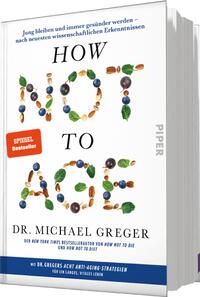 Das Buchcover zeigt den Titel „HOW NOT TO AGE“ in großen, bunten Buchstaben, die aus verschiedenen Lebensmitteln gestaltet sind. Die Farben umfassen Grüntöne, Blau, Braun und Gelb, die Frische und Vitalität vermitteln. Unter dem Titel steht in kleinerer Schrift „DR. MICHAEL GREGER“. In der oberen linken Ecke ist ein rotes Kästchen mit dem Text „SPIEGEL Bestseller“ platziert. Am unteren Rand befindet sich der Hinweis „DER NEW YORK TIMES BESTSELLERAUTOR VON HOW NOT TO DIE UND HOW NOT TO DIET“, ergänzt durch den Zusatz „MIT DR. GREGERS ACHT ANTI-AGING-STRATEGIEN FÜR EIN LANGES, VITALES LEBEN“.