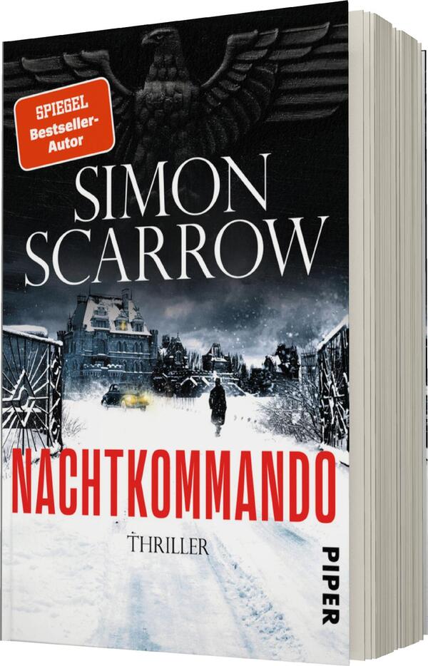 Das Buchcover zeigt eine düstere, winterliche Landschaft mit schneebedeckten Gebäuden und einem einsamen Spaziergänger. Im Hintergrund erhebt sich ein dunkler, majestätischer Adler und dominiert die Szenerie. Der Titel „Nachtkommando“ ist in auffälligem, rotem Schriftzug platziert, während der Autor „Simon Scarrow“ in weißer, serifenloser Schrift darüber steht. Oben links befindet sich ein rotes Feld mit dem Hinweis „SPIEGEL-Bestseller-Autor“. Der Untertitel „Thriller“ ist in kleinerer Schriftgröße darunter zu finden.