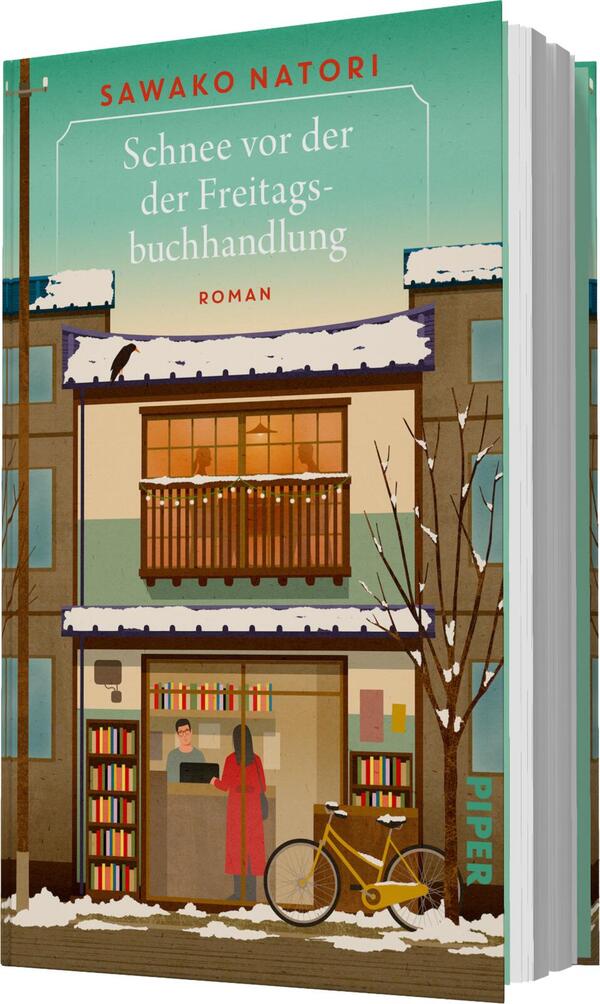 Das Buchcover zeigt eine winterliche Szene vor einer Buchhandlung, die von schneebedeckten Dächern umgeben ist. Im Vordergrund stehen eine Frau in einem roten Mantel und ein Mann hinter dem Verkaufstresen. Das Gebäude hat eine warmen Farbton mit Holz- und blauen Akzenten. Über der Szene steht der Titel „Schnee vor der der Freitagbuchhandlung“ in eleganter, weißer Schrift, gefolgt von „Roman“ in kleinerer Schriftgröße. Links ist ein Fahrrad abgestellt, was die gemütliche Atmosphäre unterstreicht.
