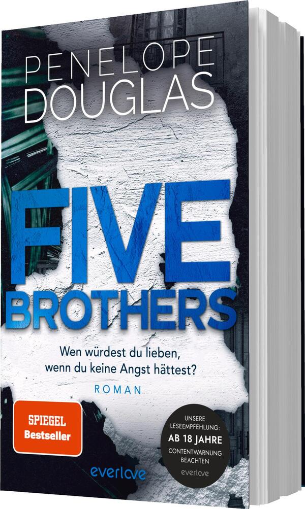 Das Buchcover zeigt den Titel „FIVE BROTHERS“ in großen blauen Buchstaben, die sich deutlich vom Hintergrund abheben. Der Hintergrund besteht aus einem strukturierten, grauen Element, das an altmodische Wände erinnert. Oberhalb des Titels steht der Name der Autorin, Penelope Douglas, in weißer Schrift. Darunter befindet sich der Untertitel „Wen würdest du lieben, wenn du keine Angst hättest?“ in einer kleineren, weißen Schrift. Am unteren Rand ist der Hinweis „SPIEGEL Bestseller“ zu finden, der die Aufmerksamkeit auf den Erfolg des Buches lenkt.