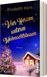 Das Buchcover zeigt eine winterliche, stimmungsvolle Szenerie mit einem schneebedeckten Haus und einem festlich geschmückten Weihnachtsbaum in lebhaften Farben. Der Himmel ist in tiefblauem Ton gehalten und wird von kleinen, glitzernden Schneeflocken durchzogen. Der Titel „Vier Herzen unterm Weihnachtsbaum“ ist in geschwungener, goldener Schrift platziert, während darunter das Wort „Roman“ in schlichterer Schrift erscheint. Der Autorinnenname „Elizabeth Horn“ steht oben in einer leicht lesbaren Schrift.