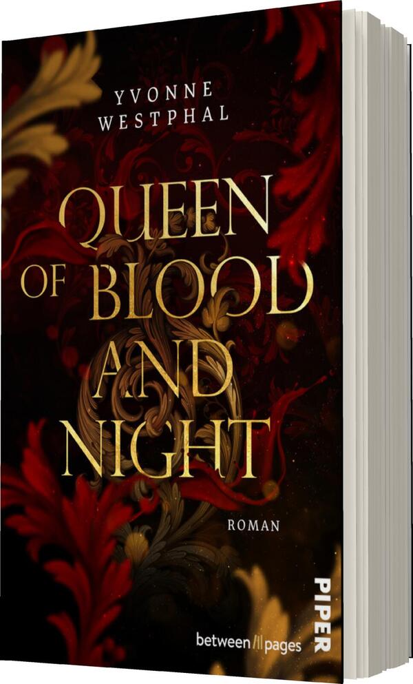 Das Buchcover zeigt einen dramatischen Hintergrund in tiefen Rot- und Goldtönen, der mit floralen Mustern verziert ist. Zentral in goldener Schrift steht der Titel „QUEEN OF BLOOD AND NIGHT“. Darunter befindet sich der Begriff „Roman“ in schlichter Schrift. Oben links ist der Name der Autorin „Yvonne Westphal“ in kleinerer Schrift integriert. Die Komposition vermittelt ein Gefühl von Geheimnis und Intensität, passend zum Genre des Werkes.