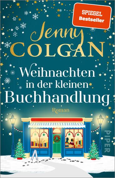 Das Buchcover zeigt eine winterliche Szene mit einer kleinen Buchhandlung. Diese ist in sanften Blau- und Grüntönen gehalten, ergänzt durch goldene Sterne und Schneeflocken. Oben steht der Name der Autorin „Jenny Colgan“ in geschwungener, goldener Schrift. Der Titel „Weihnachten in der kleinen Buchhandlung“ ist in großen, weißen Buchstaben unterhalb des Autornamens platziert. In der oberen rechten Ecke befindet sich ein rotes Feld mit dem Text „SPIEGEL Bestseller“. Der insgesamt festliche Eindruck wird von Weihnachtsbäumen und Laternen am Gebäude verstärkt.