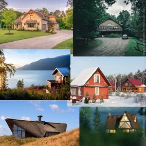 Bildercollage von 6 Häusern, die jeweils von Natur umgeben sind.