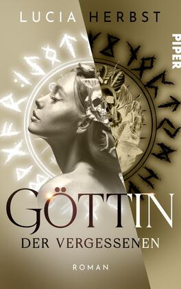 Das Buchcover zeigt eine halbseitige Darstellung einer Frau mit anmutiger Pose, die in einem geheimnisvollen Licht erscheint. Hinter ihr finden sich mystische Symbole und Runen in goldenen und schwarzen Tönen, die eine spannende Atmosphäre kreieren. Der Titel „Göttin der Vergessenen“ ist in großen, eleganten Buchstaben in Schwarz hervorgehoben, während das Wort „Göttin“ dabei in edlem Rot leuchtet. Oben steht der Name der Autorin, Lucia Herbst, und das Verlagslogo „Piper“ ist in der oberen rechten Ecke platziert.